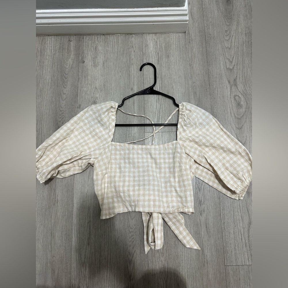 H&M Gingham Plaid Puff Sleeve Top - Cream